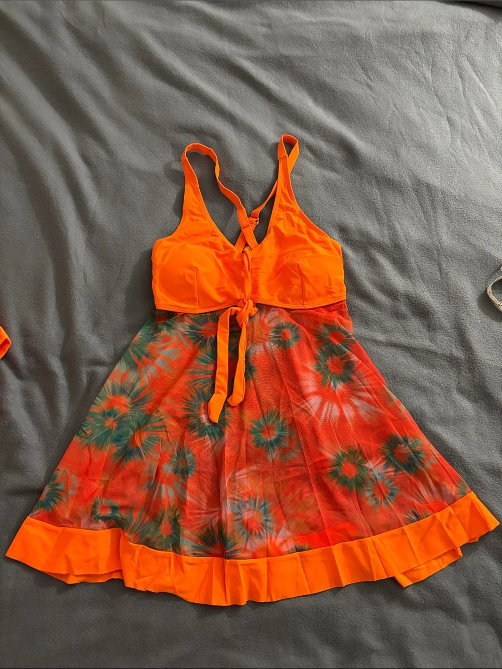 Orange Floral Mesh Tankini Swim Dress with Boyshorts Size Small